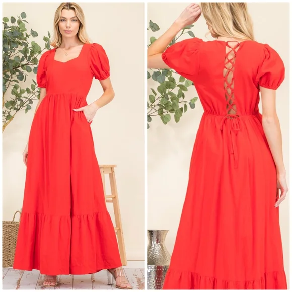HYFVE Boho Chic Rich Red Puff Sleeves Tiered Maxi Dress - Picture 8 of 8